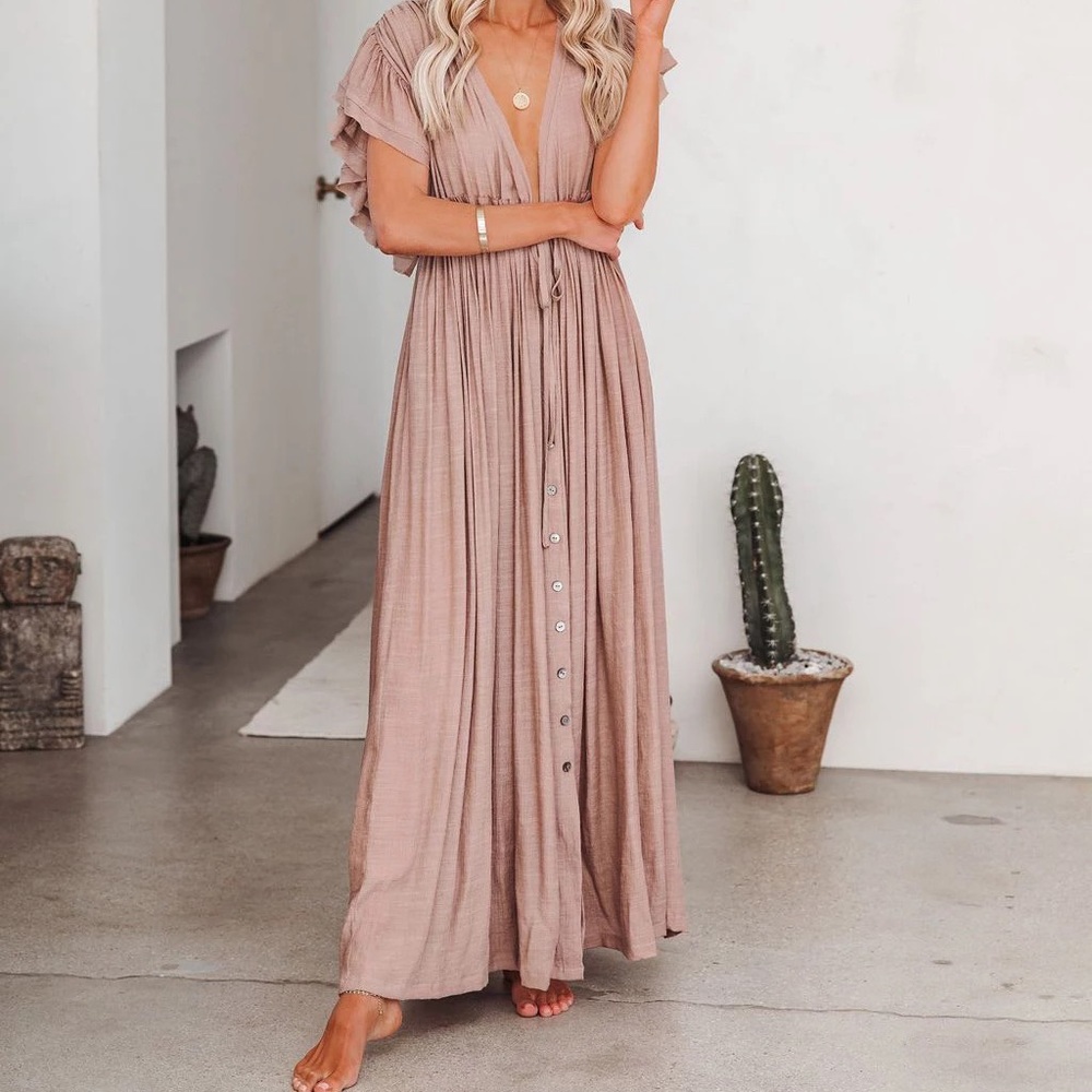 Muted Mauve Boho Gauze Boho Button Flutter Sheer Maxi Dress W/Adjustable Tie - Picture 6 of 7